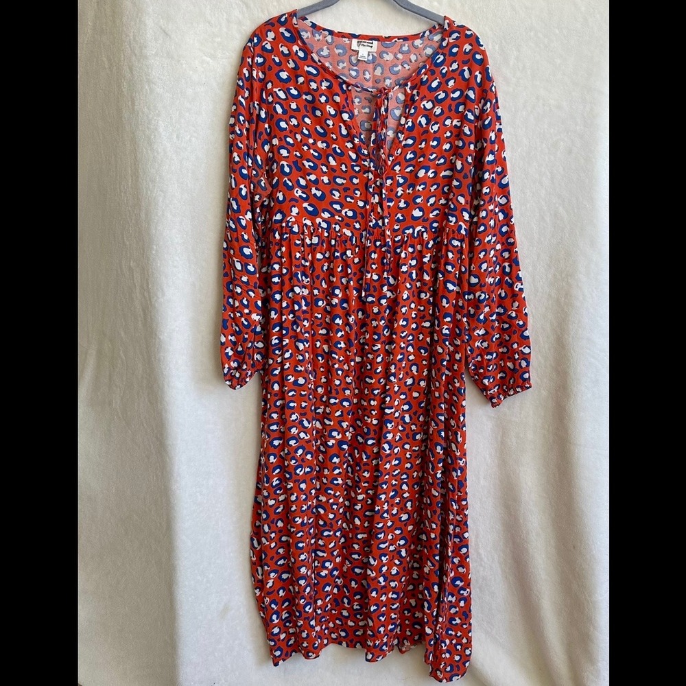 The Drop Grace Atwood Orange Red Blue Leopard‎ Tiered Smock Midi Dress Large L